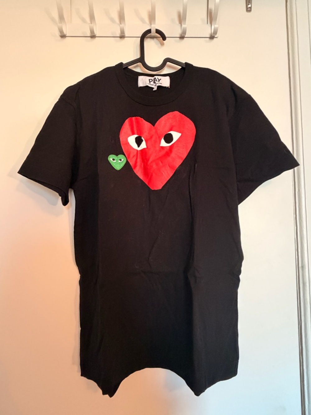 Comme des Garçons Black Tee with Red and Green Heart Motifs